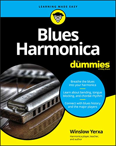 Book cover: "Blues Harmonica For Dummies" with a silver harmonica image.