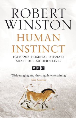 Book cover for "Human Instinct" with cave painting of a horse.
