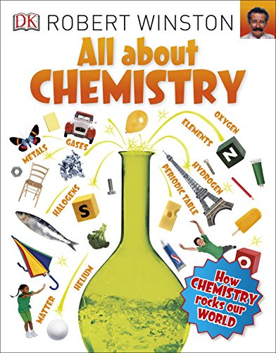 "Book cover with title 'All about Chemistry' and illustrations around a green flask."