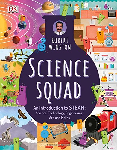 The image is a book cover for "Science Squad" by Robert Winston. Alt text: Cartoon book cover with science-themed illustrations and title "Science Squad" on purple background.