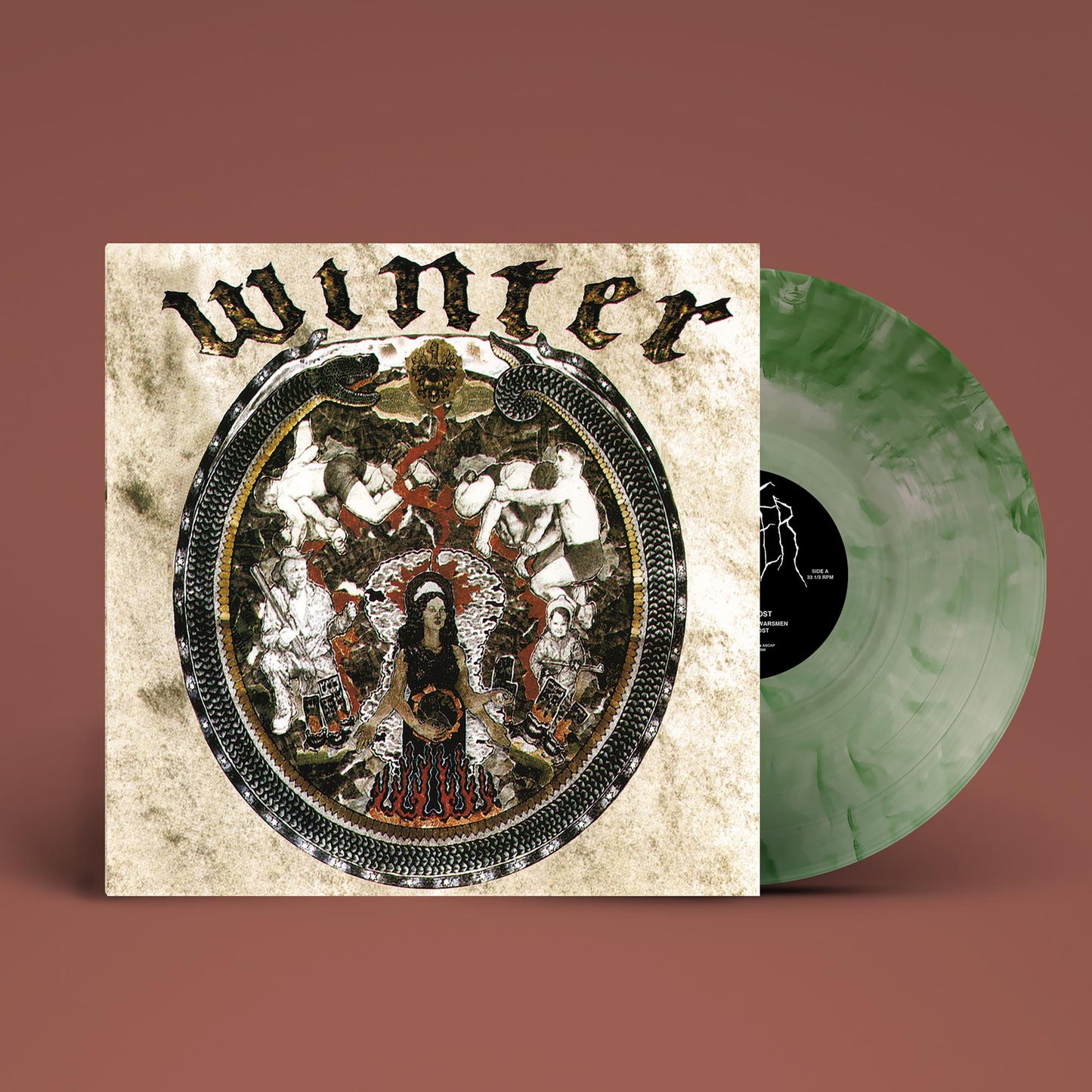 Winter" vinyl record with ornate cover art and green-swirled disc.