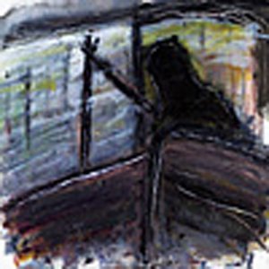Dark, abstract painting of a figure near a window, muted colors.