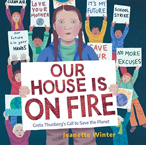 Illustration of Greta Thunberg with children holding climate protest signs.