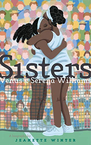 Illustration of Venus and Serena Williams embracing on a tennis court.