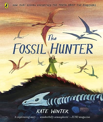 Book cover: "The Fossil Hunter" with dinosaurs and a woman holding bones.