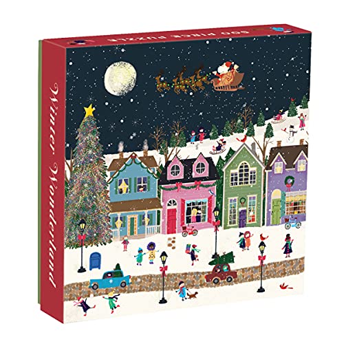 Winter scene with Santa’s sleigh, houses, and a decorated Christmas tree.