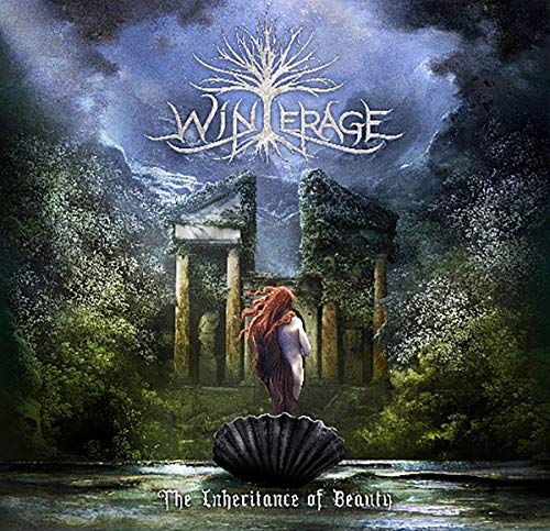 CD cover: Ruined temple, woman in shell, wintry landscape, band logo.