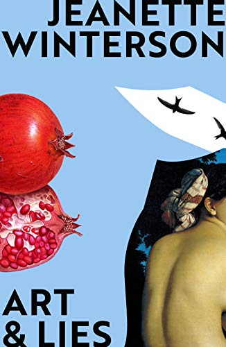 Book cover: pomegranate, birds, and partial portrait on blue background.