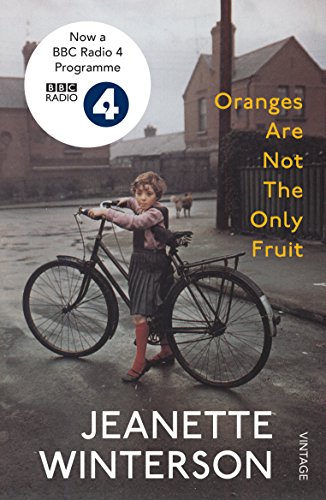 Book cover: girl with bicycle, title “Oranges Are Not The Only Fruit.”