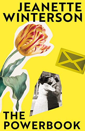 Yellow book cover with collage of flowers, letters, and a couple.