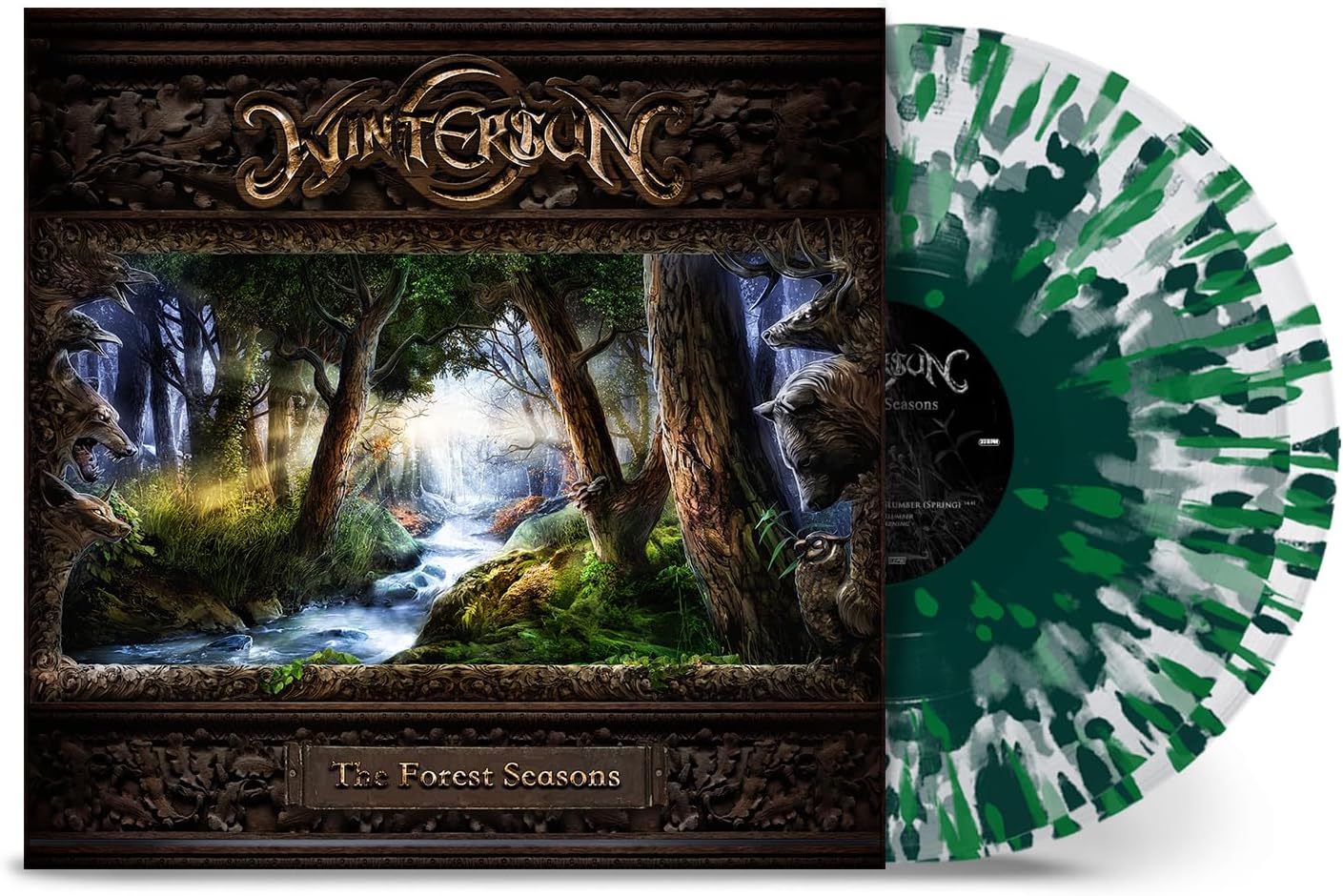 Wintersun album cover with forest scene and marbled green vinyl record.