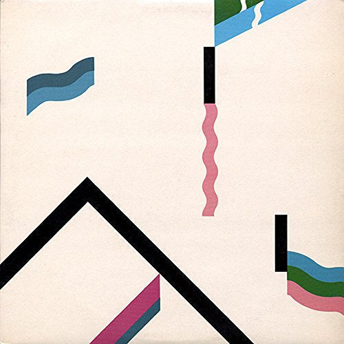 Abstract album cover with geometric shapes in pink, blue, green, and black.