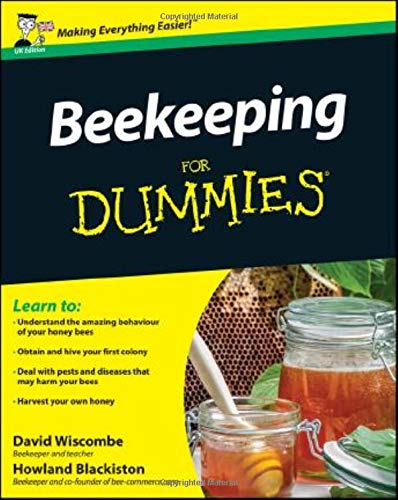 Book cover: "Beekeeping For Dummies" with honey, bees, and a jar.