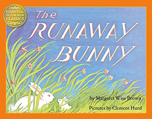 Book cover: “The Runaway Bunny” with a white bunny in tall grass.