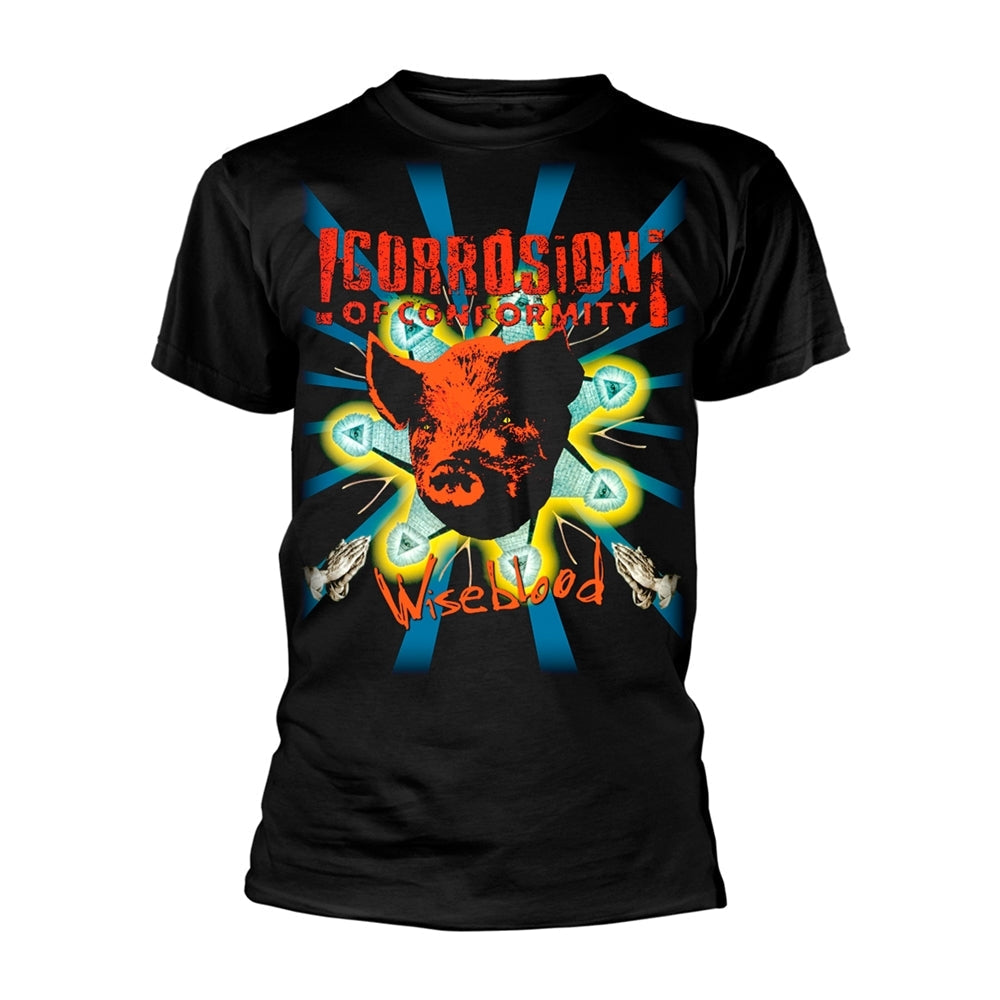 Black t-shirt with graphic of a pig's head and text "Wiseblood".