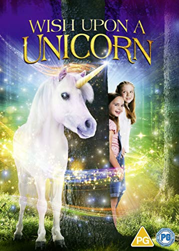 DVD cover featuring a white unicorn and two young girls in a forest.