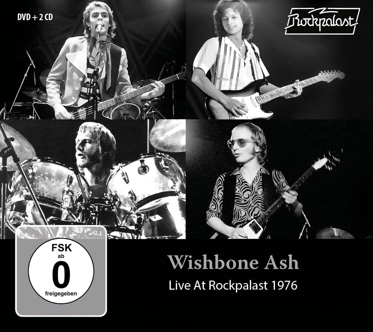 Black and white collage of Wishbone Ash band members performing live on stage.