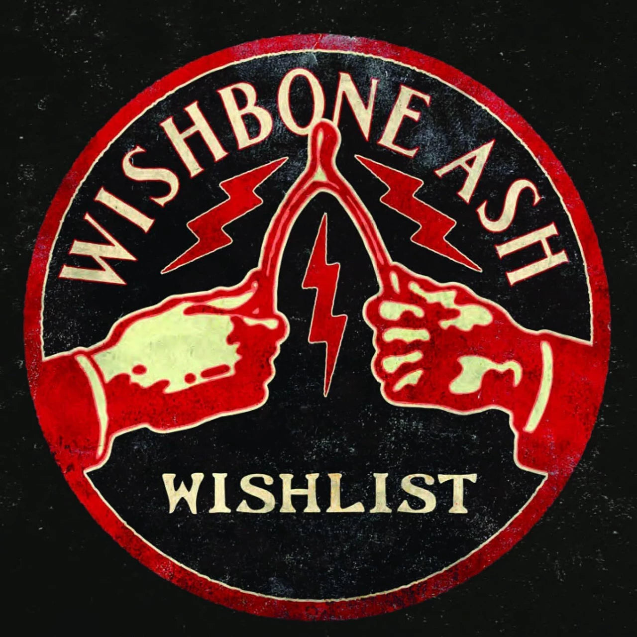 Wishbone Ash “Wishlist” CD cover: red circle with hands and wishbone.