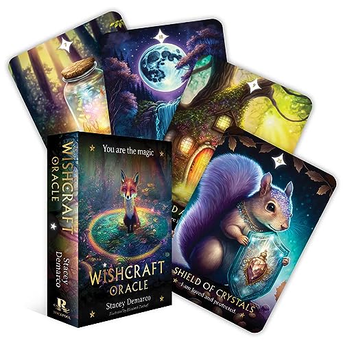 Wishcraft Oracle deck box and four illustrated cards featuring a fox, squirrel, and nature.