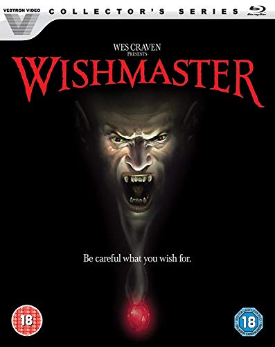 Blu-ray cover for Wishmaster featuring a monstrous face and a glowing red gem.
