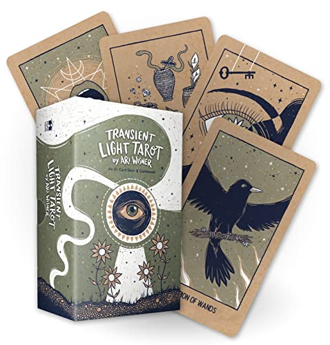 Tarot deck box and cards with illustrated eyes, birds, and keys.