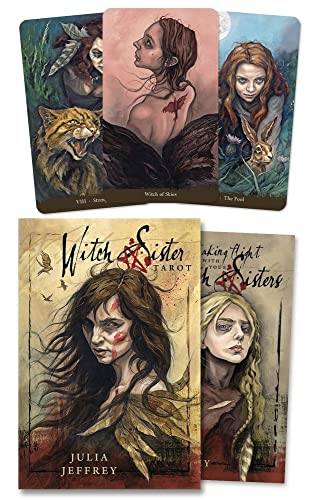 Tarot deck cover with illustrated women, animals, and mystical imagery.