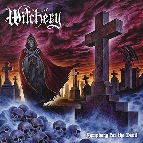"Album cover art depicting a hooded figure in a graveyard surrounded by skulls and crosses."