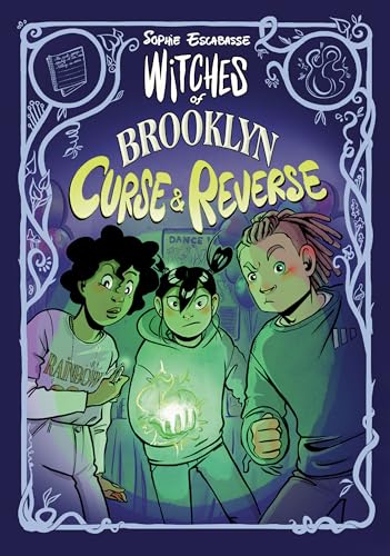 Three young people stand together, one holding a glowing light, framed by leafy vines.