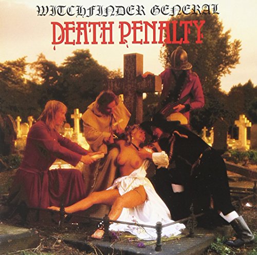 "Album cover with medieval scene: men restraining a woman in a graveyard."