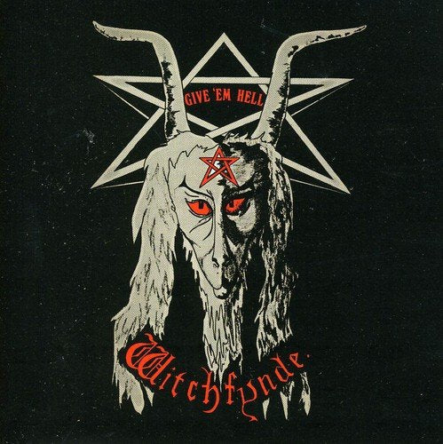 Baphomet illustration with red eyes and horns on a dark green album cover.