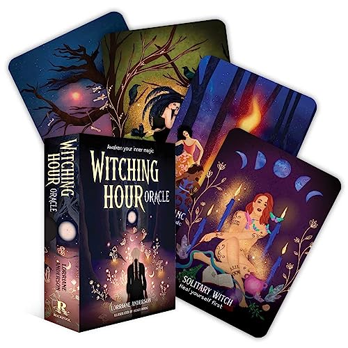 Stack of tarot-style cards with mystical imagery and a dark color scheme.