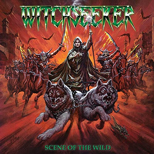 Fantasy album cover: hooded figure with wolves, warriors on horseback, and bats.
