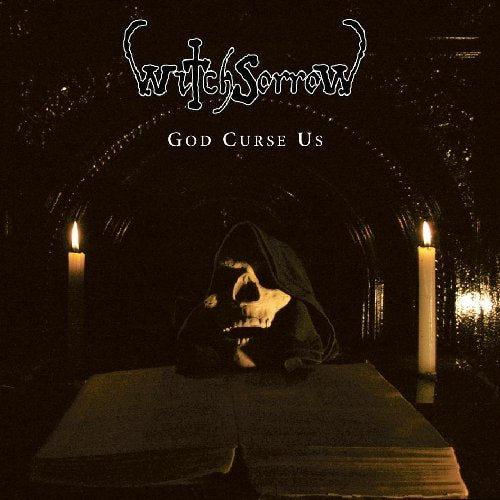 "Witchsorrow album cover featuring a hooded skeleton reading a book between two candles."