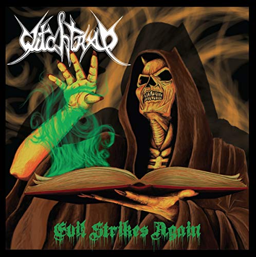 Hooded skeletal figure with glowing green energy over an open book.