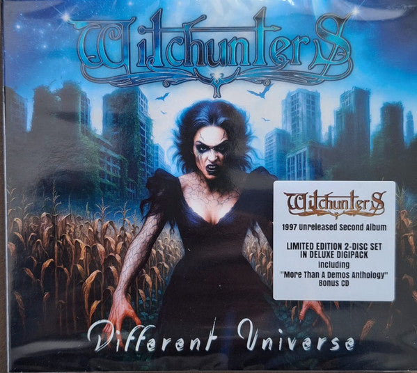 CD cover for “Witchunters - Different Universe” featuring a woman and city skyline.