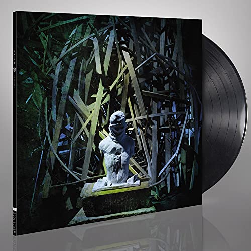 A vinyl record sleeve with a white statue and green foliage on a gray background.