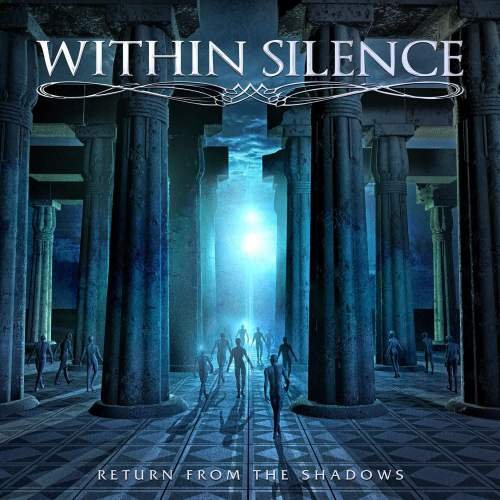 "Album cover art: 'Within Silence' with people walking towards a light in a colonnade."