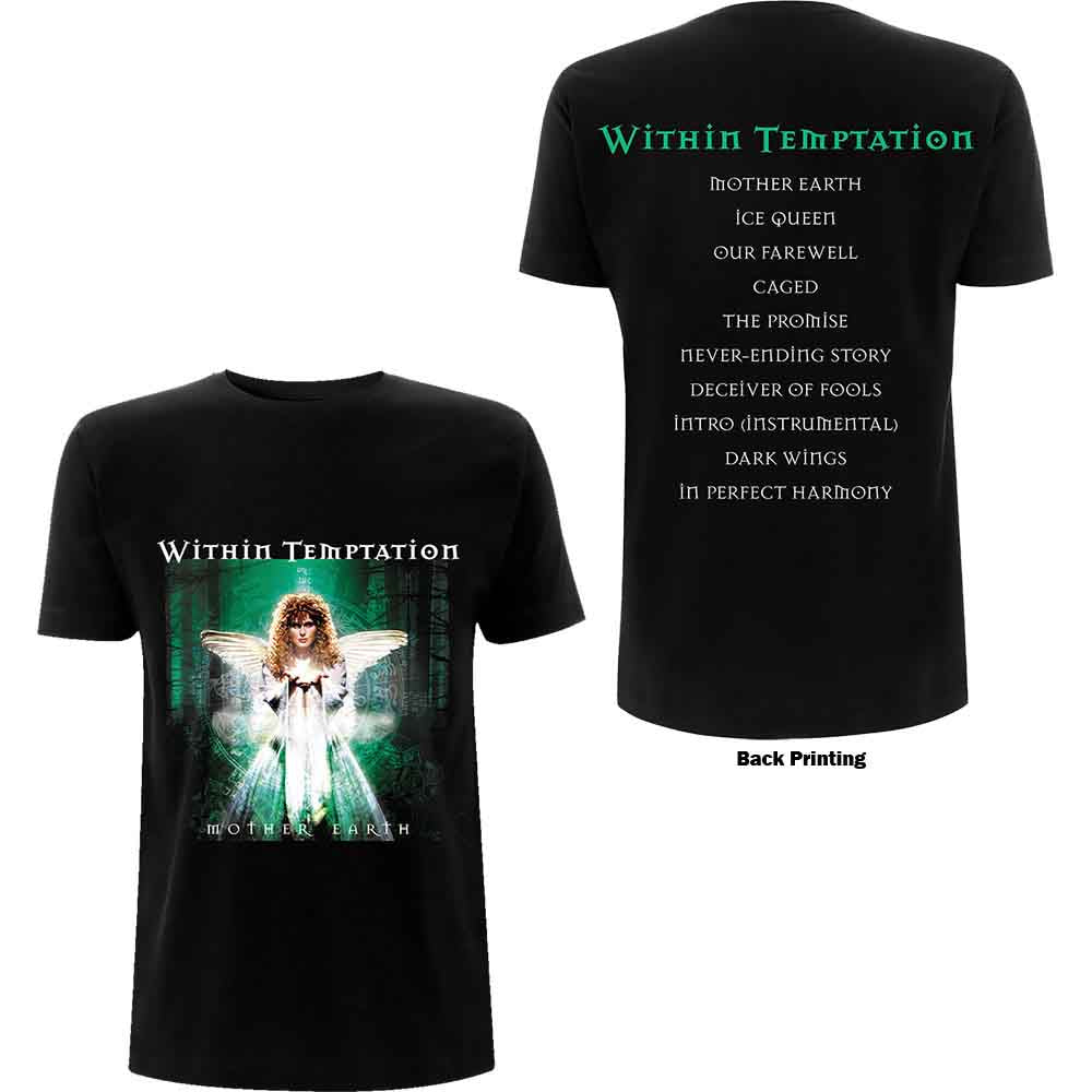 A man wearing a black Within Temptation Mother Earth t-shirt with an angel graphic.