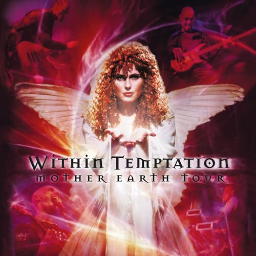Album cover featuring a woman with angel wings surrounded by band members in red.