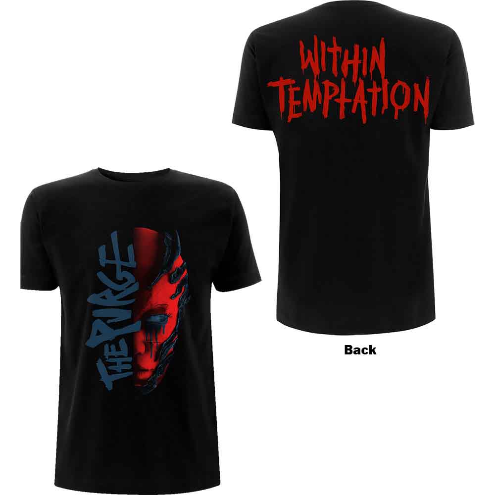 Black t-shirt featuring a red face graphic and The Purge text in blue.