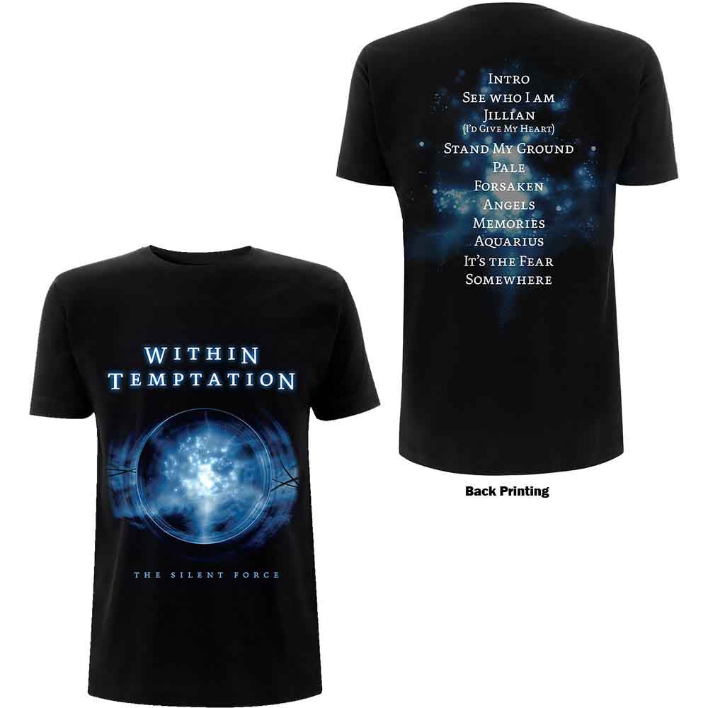 Black t-shirt with “Within Temptation” logo and swirling blue design.