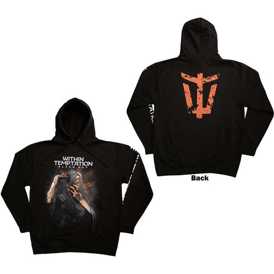 Black unisex pullover hoodie featuring Bleed Out album artwork on the back and sleeves.