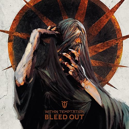 A veiled figure stands before a dark sun symbol on the Bleed Out album cover.