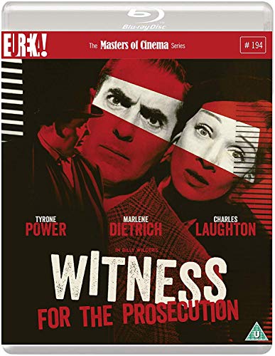 Blu-ray cover for Witness for the Prosecution featuring portraits of the three lead actors.