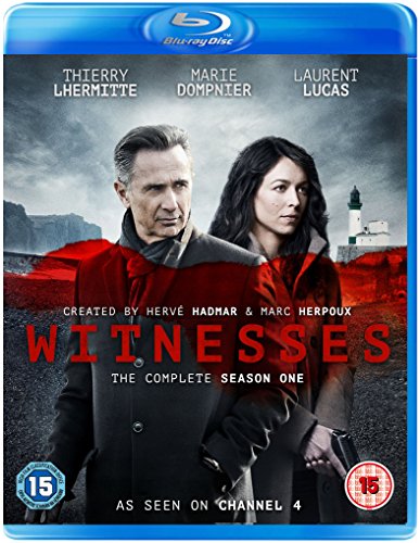 "Blu-ray case for 'Witnesses' TV series, featuring a man and woman in dark coats."