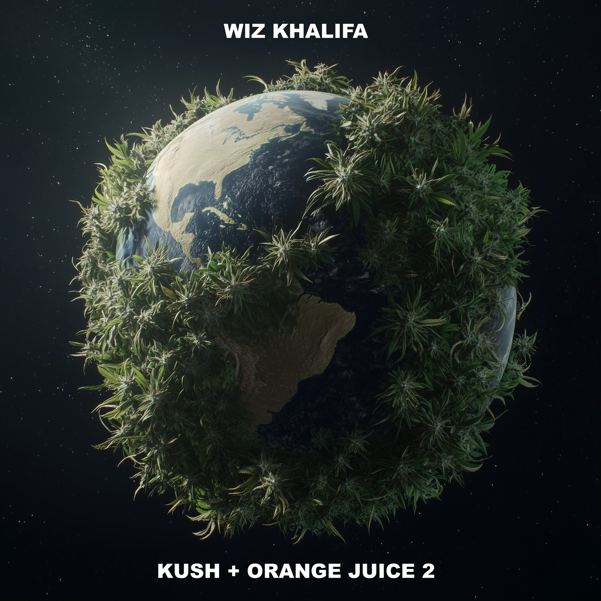 A planet Earth covered in cannabis plants floating in space with album text overlay.
