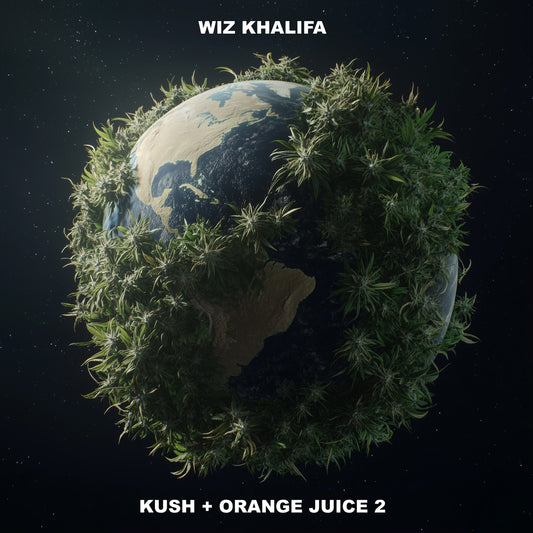 A planet Earth covered in cannabis plants floating in space with album text overlay.