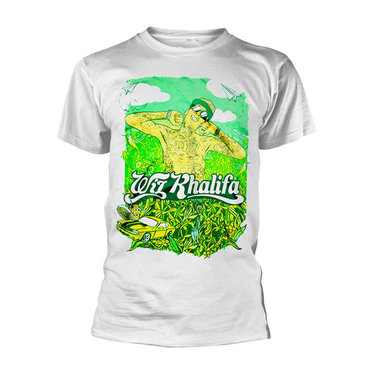 White t-shirt with a colorful illustration of Wiz Khalifa and foliage.