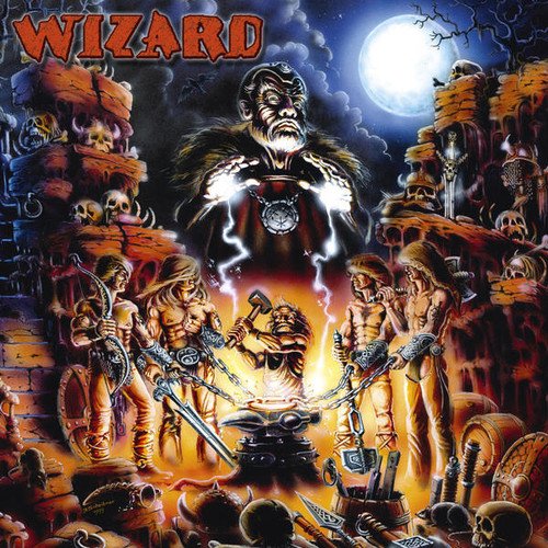 Fantasy album cover depicting a wizard and blacksmiths forging metal.