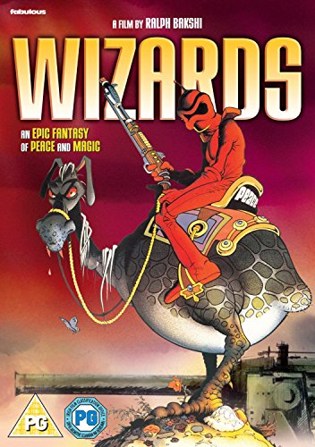 A red-armored figure riding a strange creature on the Wizards movie DVD cover.